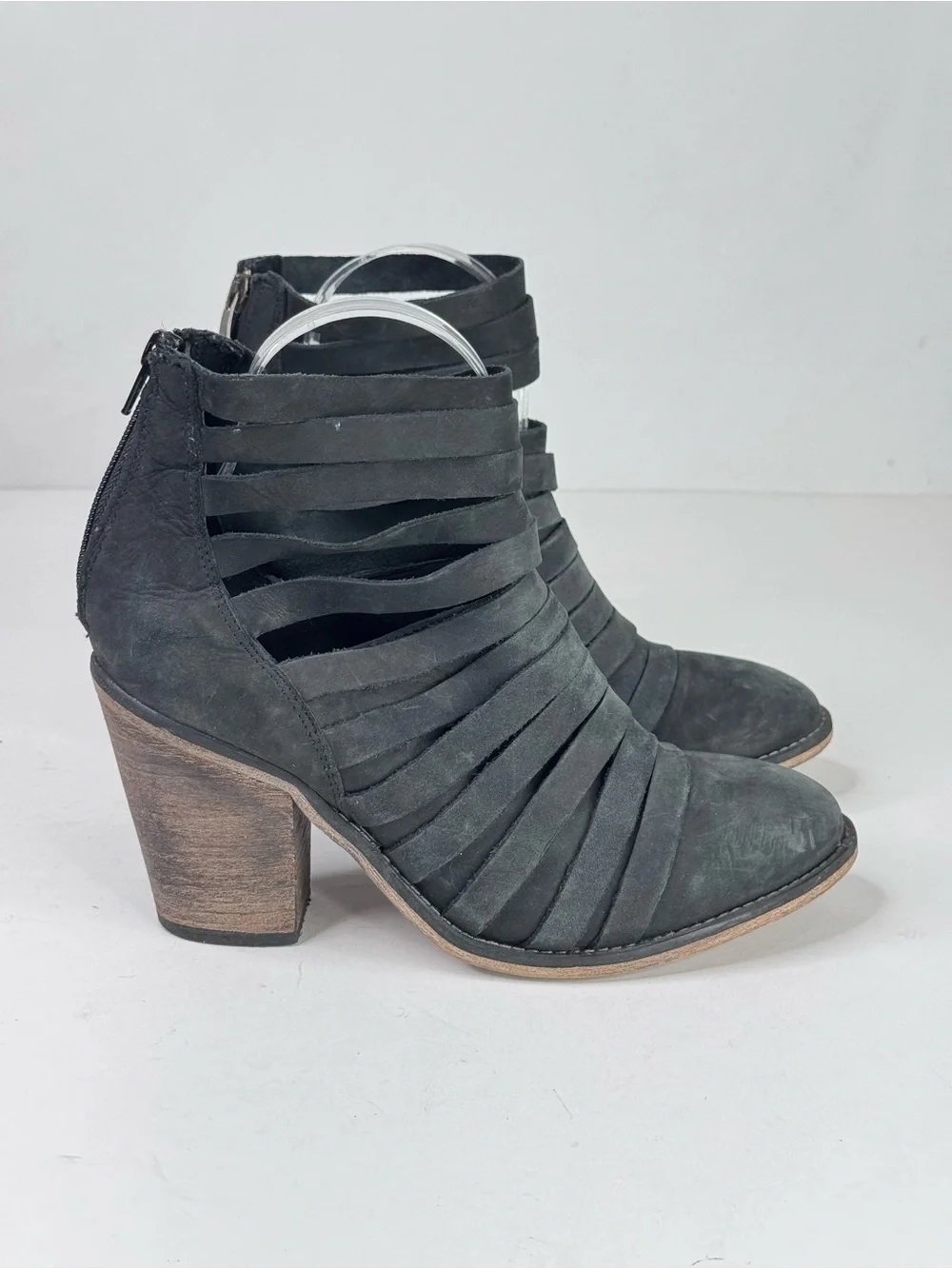 Free People Black Strappy Cutout Block Heel Ankle Booties